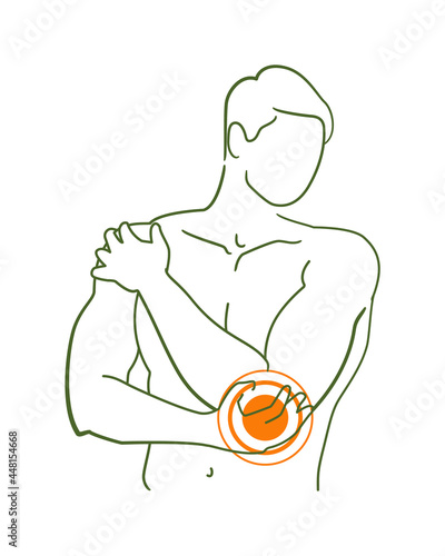 Man silhouette with elbow pain or injury point on white