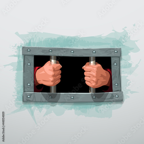 imprisoned hands behind metal bars on white