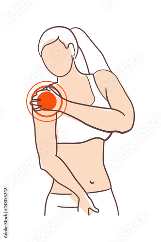 Woman pressing hand on painful shoulder isolated on white