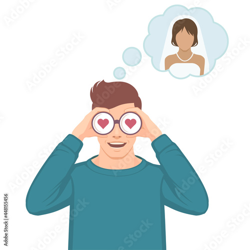 Man using binoculars with heart shape for finding girlfriend.