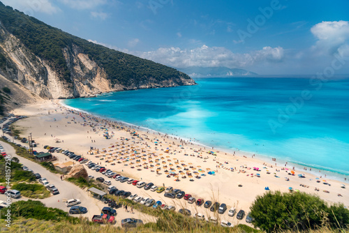 Fototapeta Naklejka Na Ścianę i Meble -  aerial view of the famous Myrtos beach on Kefalonia, Greece