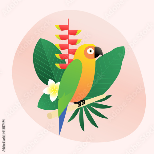 Vector illustration of a parrot and tropical plants.