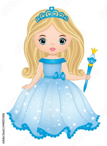 Beautiful Blond Princess Wearing Long Blue Dress and Holding Magic Wand. Vector Princess