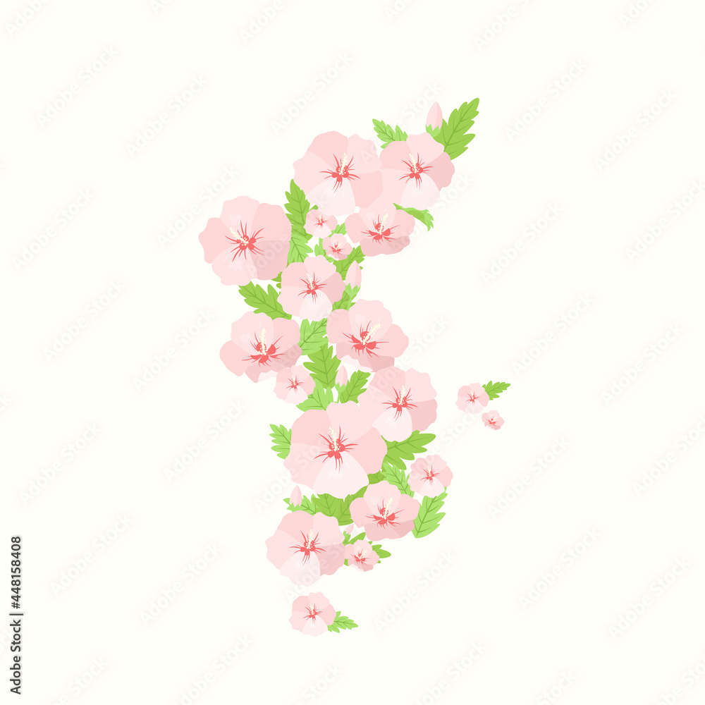 Vector illustration of South Korea map with pink hibiscus flowers. Vector illustration of South Korea map with pink hibiscus flowers.
