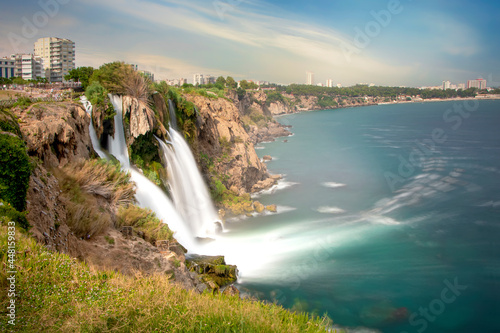 Waterfall Duden at Antalya  Turkey. Duden Falls and sea cliffs. River Duden in Antalya. nature travel background