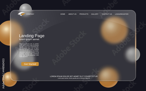 Website landing page vector template. Black background with golden and silver balls for webpage and application with glassmorphism effect