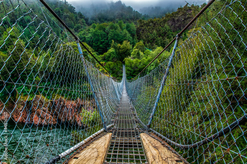 Fototapeta Naklejka Na Ścianę i Meble -  The Longest swing bridge in NZ in the Upper Buller gorge crossing the river and disappearing into lush native foliage