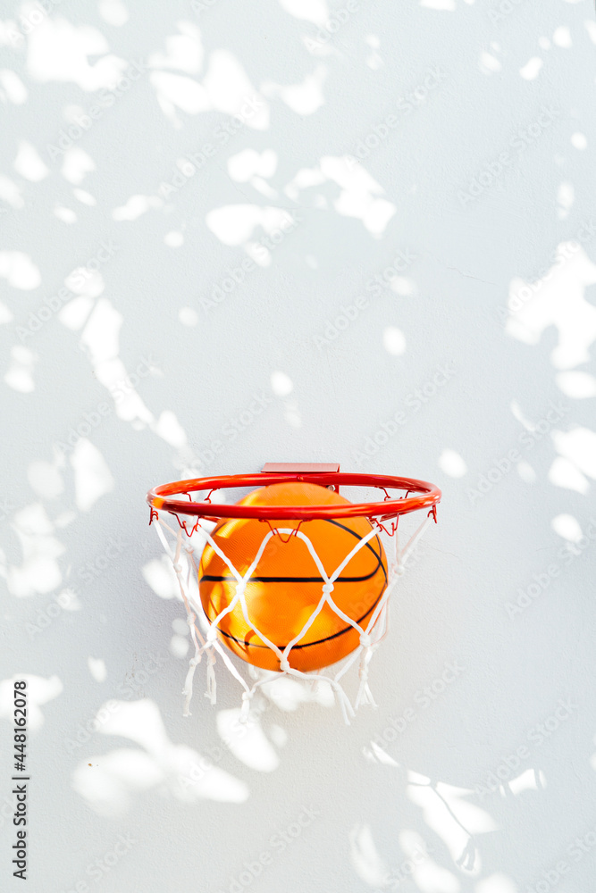 Basketball ring on a white wall. The ball falling through the hoop. Basketball ring on a white wall. The ball falling through the hoop.