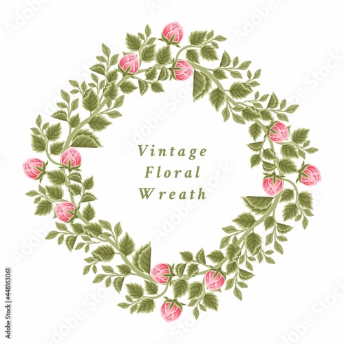 Aesthetic, classic, vintage pink rose flower frame and floral wreath vector illustration elements for invitation, decoration, feminine beauty products, garden party, greeting card