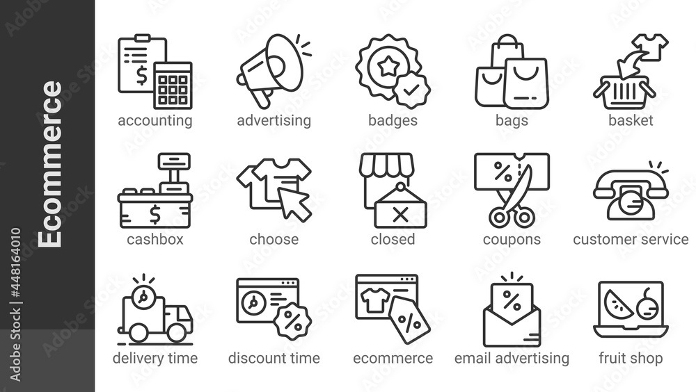 Ecommerce 1, editable outline icons set isolated on white. Perfect thin outline icon style