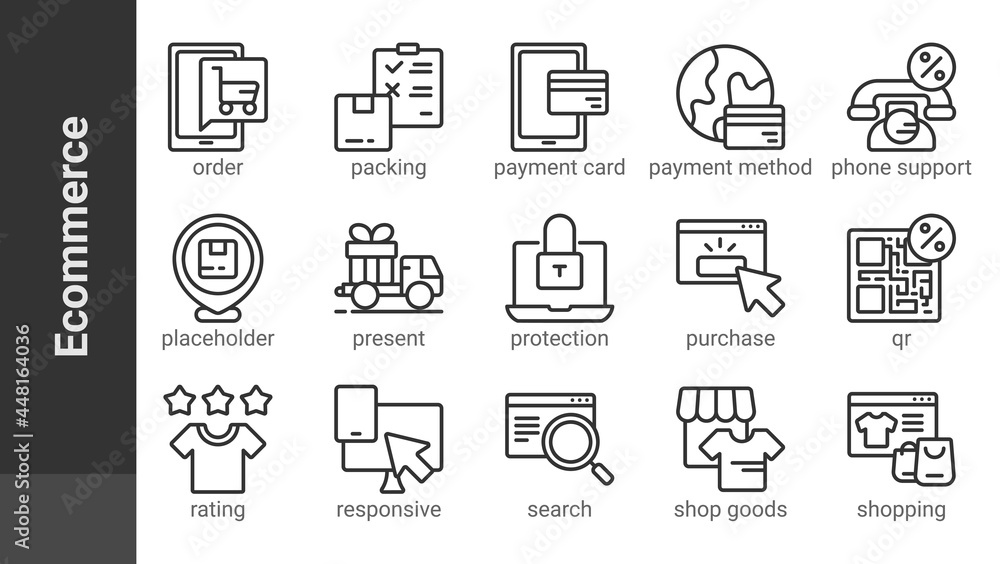 Ecommerce 3, editable outline icons set isolated on white. Perfect thin outline icon style