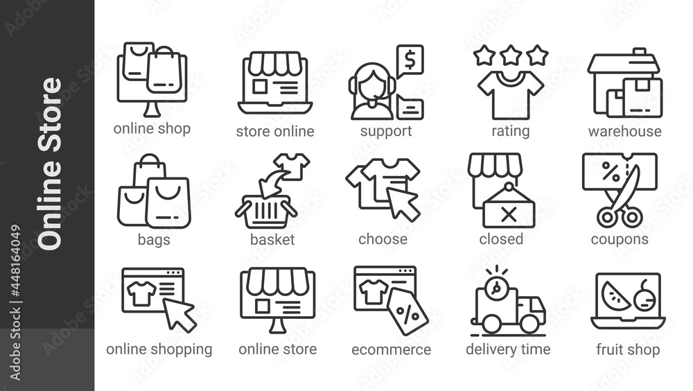 Fototapeta premium Online Store, editable outline icons set isolated on white. Perfect thin outline icon style
