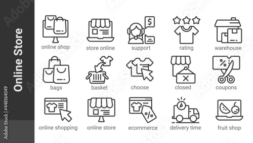 Online Store, editable outline icons set isolated on white. Perfect thin outline icon style