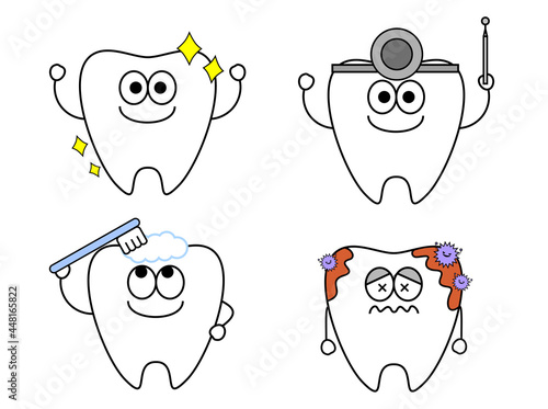 歯のかわいいキャラクターイラスト、歯みがきセット。きれいな歯、虫歯、歯科医など。