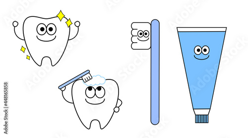 歯のかわいいキャラクターイラスト。ぴかぴかの歯、歯を磨いている歯、ハブラシ、歯磨き粉などのセット。