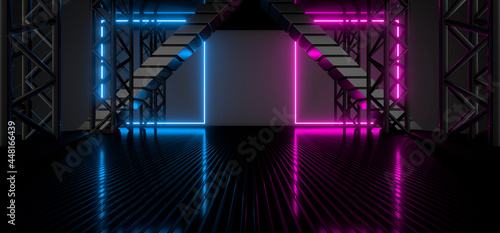 Fototapeta Naklejka Na Ścianę i Meble -  Sci Fy neon lamps in a dark hall. Reflections on the floor and walls. 3d rendering image.