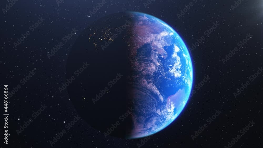Front view of planet Earth. Half day and half night. Rotating animation of the globe and rays of the rising sun. Front view of planet Earth. Half day and half night. Rotating animation of the globe and rays of the rising sun.