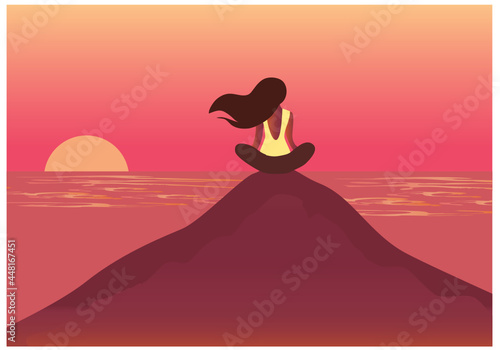 Woman sitting on meditation in sunset beach background vector illustration Yoga, meditation, relax, recreation, healthy lifestyle concept background