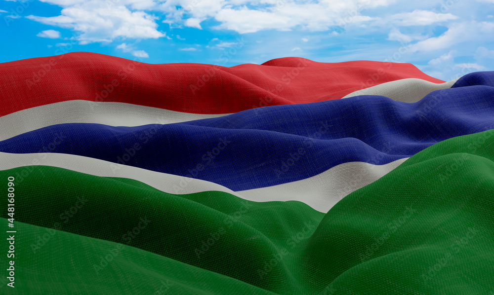 Naklejka premium Gambia flag in the wind. Realistic and wavy fabric flag. 3D rendering.