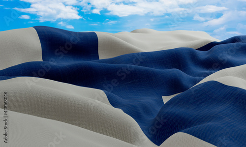 Finland flag in the wind. Realistic and wavy fabric flag. 3D rendering.