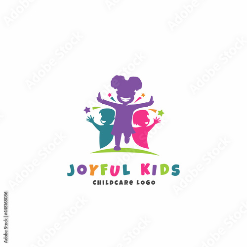Joyful kids childcare logo template with running happy kids silhouette