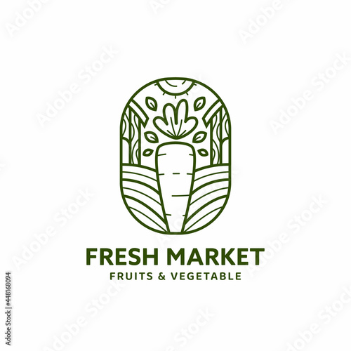 Fresh market logo badge in monoline line style with carrot and farm illustration