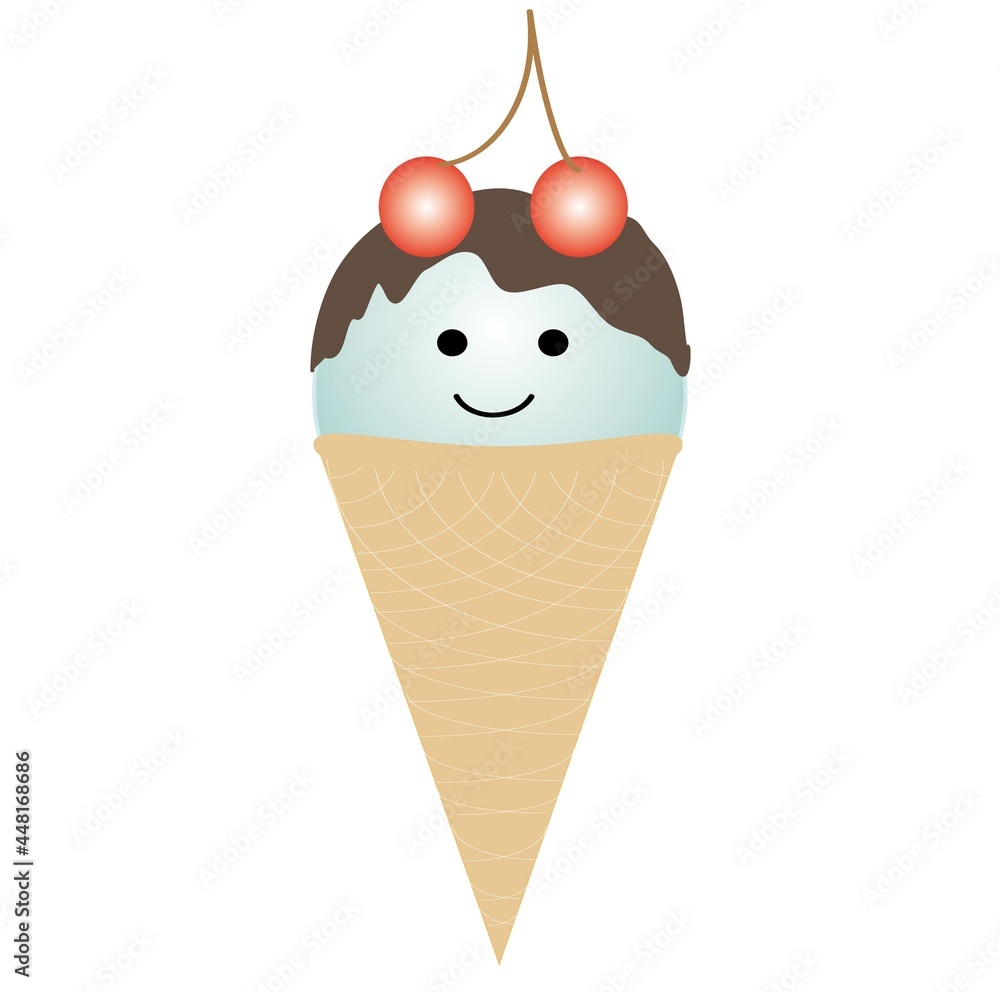 Vanilla ice cream in a waffle cone poured with chocolate, with cherries and a funny face of kawaii Vanilla ice cream in a waffle cone poured with chocolate, with cherries and a funny face of kawaii