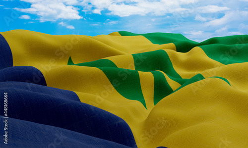 Saint Vincent and the Grenadines flag in the wind. Realistic and wavy fabric flag. 3D rendering. photo