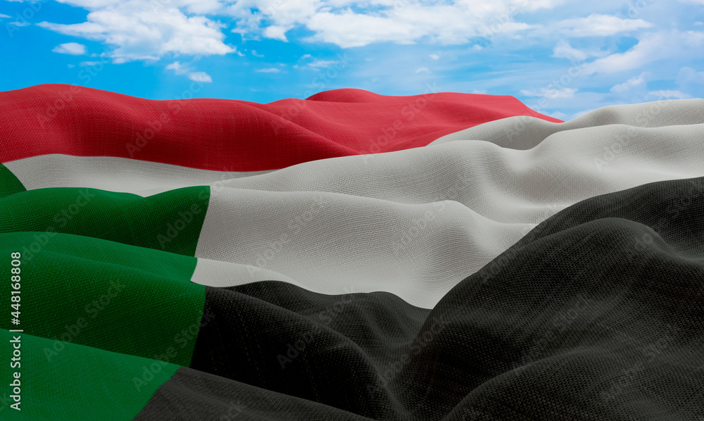 Naklejka premium Sudan flag in the wind. Realistic and wavy fabric flag. 3D rendering.