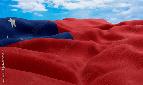 Western Samoa flag in the wind. Realistic and wavy fabric flag. 3D rendering.