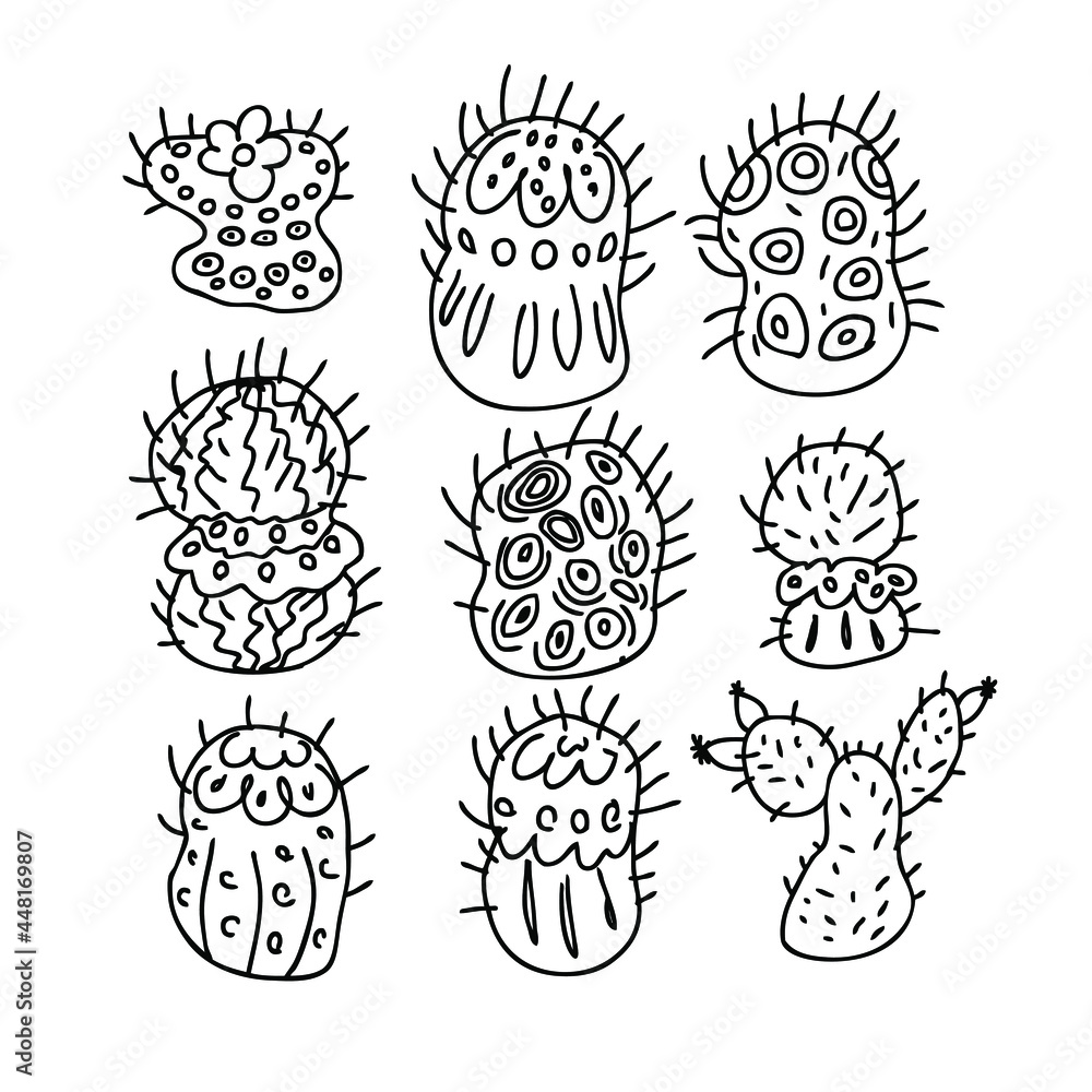 Doodle vector collection of cacti in monochrome. Perfect for T-shirt, textile and prints. Hand drawn illustration for decor and design.
