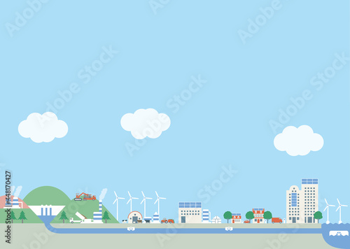 太陽光発電や風力発電などの再生可能エネルギー。山から海へ。郊外と都会 photo