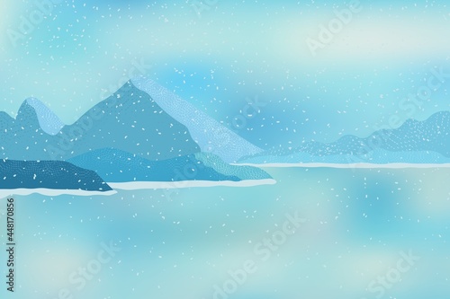 Winter scene with frozen water, cloudy sky and mountains and falling snow.