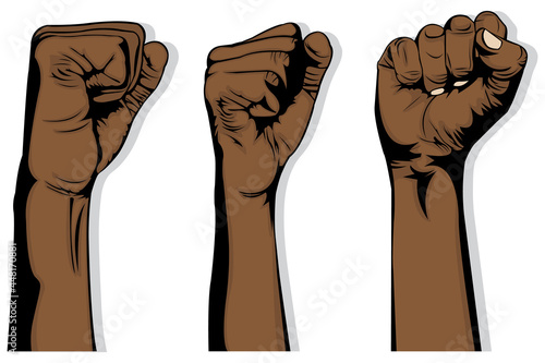 Three black hands that raise their fists up