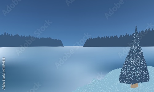 Frozen water surrounded with fir trees, beautiful winter night.