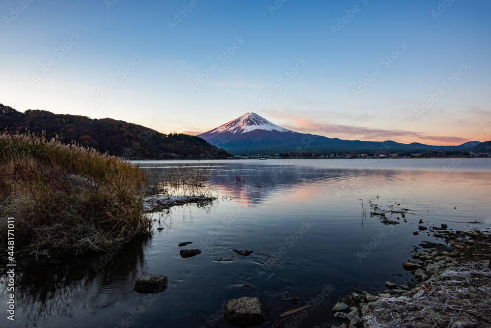 Fuji Mountain Reflection at Sunrise with Morning Mist, Kawaguchiko Lake, Japan Fuji Mountain Reflection at Sunrise with Morning Mist, Kawaguchiko Lake, Japan