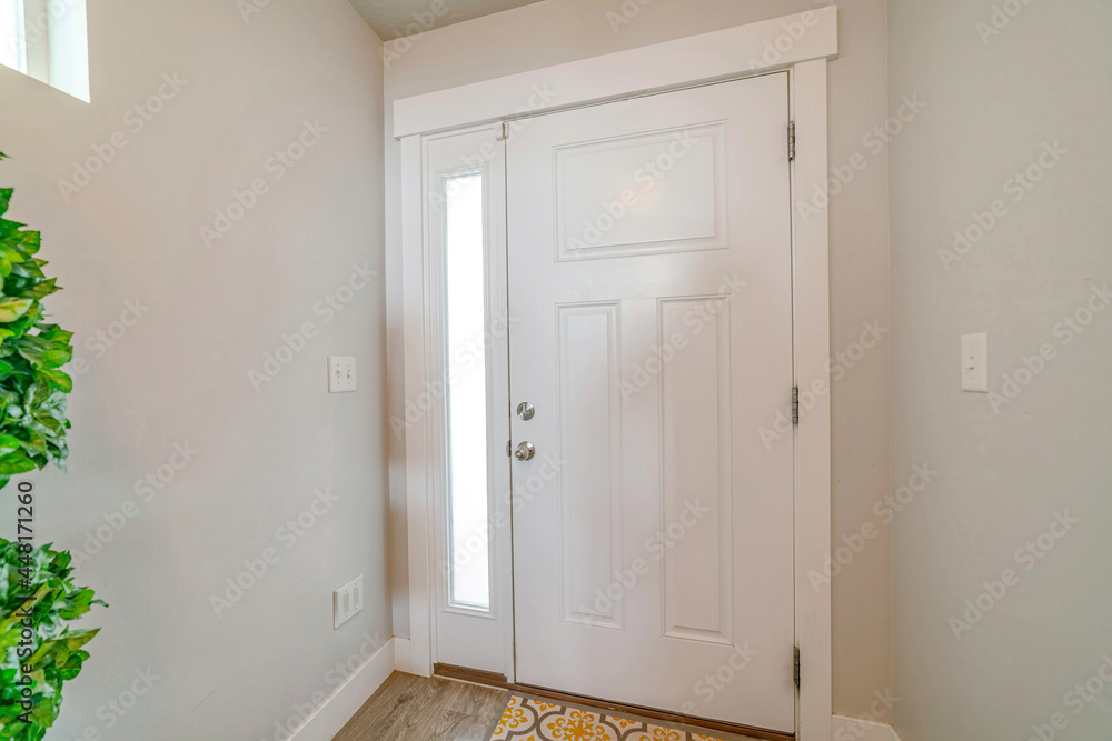 Fototapeta premium Interior of a white front door of a house with side glass panel