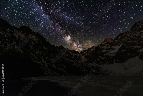 Bright starry sky with the milky way on the background of High Tatras mountains 
