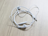 Headphones on wood background, Copy space.