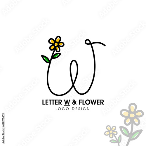 Simple and beauty initial logo letter W line style combining with sunflower and two green leaf