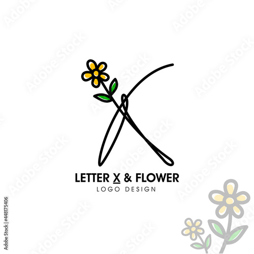 Simple and beauty initial logo letter X line style combining with sunflower and two green leaf