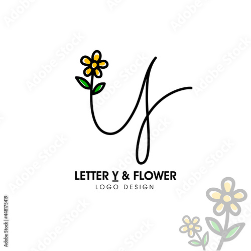 Simple and beauty initial logo letter Y line style combining with sunflower and two green leaf