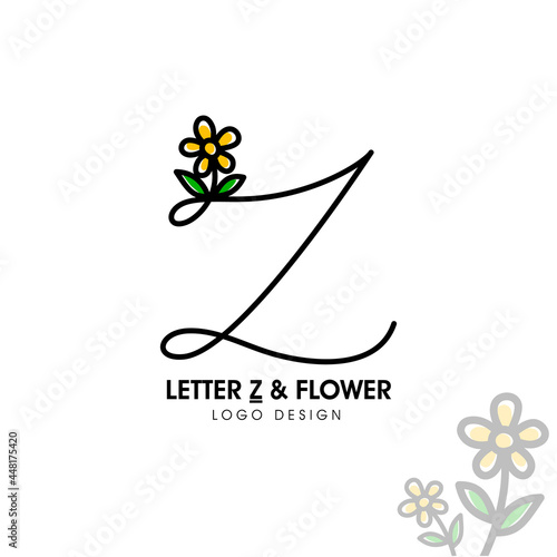 Simple and beauty initial logo letter Z line style combining with sunflower and two green leaf