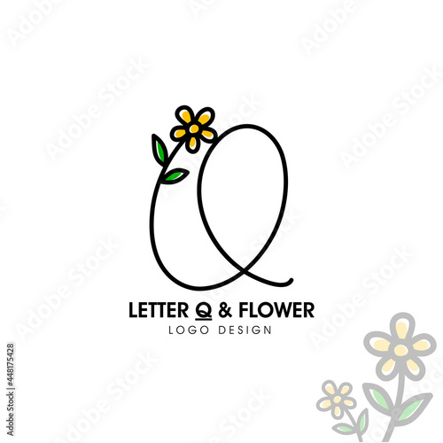 Simple and beauty initial logo letter Q line style combining with sunflower and two green leaf