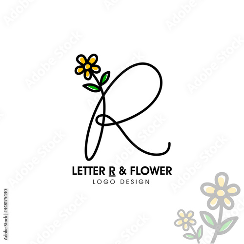 Simple and beauty initial logo letter R line style combining with sunflower and two green leaf