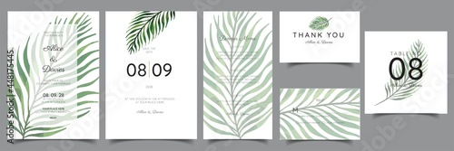 Botanical minimalist wedding invitation card template design  palm fronds on white