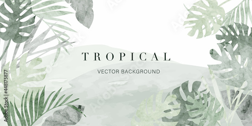 tropical leaves watercolor background vector. Luxury wallpaper with tropical leaf framed, mountain, palm leaf, flower,Vivid foliage, exotic green and gold brush glitter.