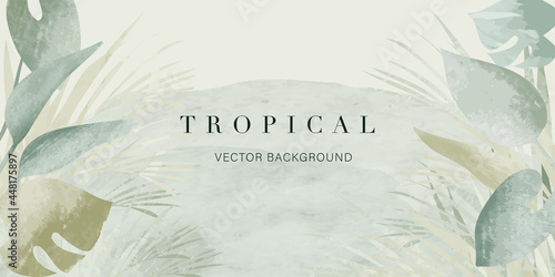 tropical leaves watercolor background vector. Luxury wallpaper with tropical leaf framed, mountain, palm leaf, flower,Vivid foliage, exotic green and gold brush glitter.