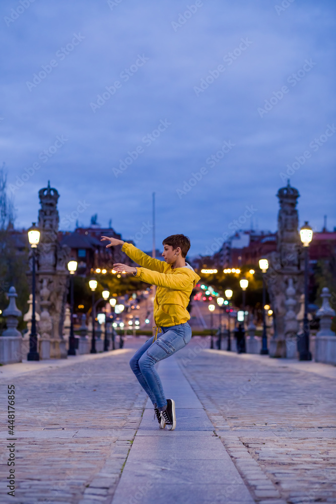 hispanic young female contemporany dancer joyful rhythm. Lifestyle energetic and fun dance. 