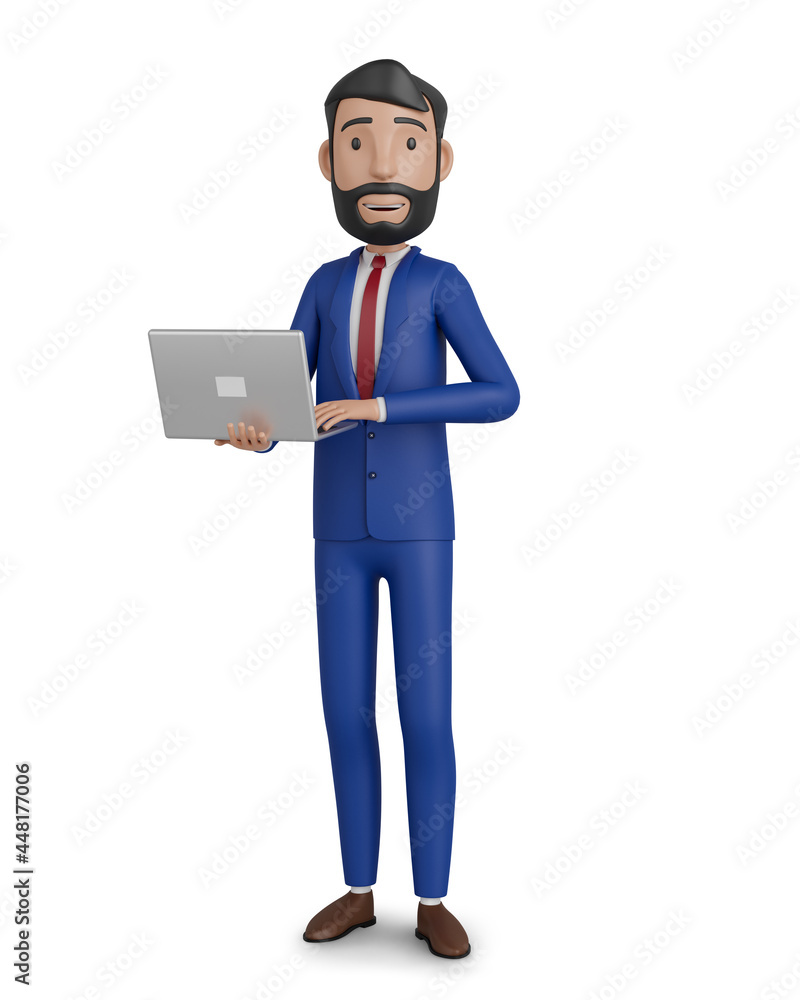 3d character. Businessman standing working on laptop 3d character. Businessman standing working on laptop